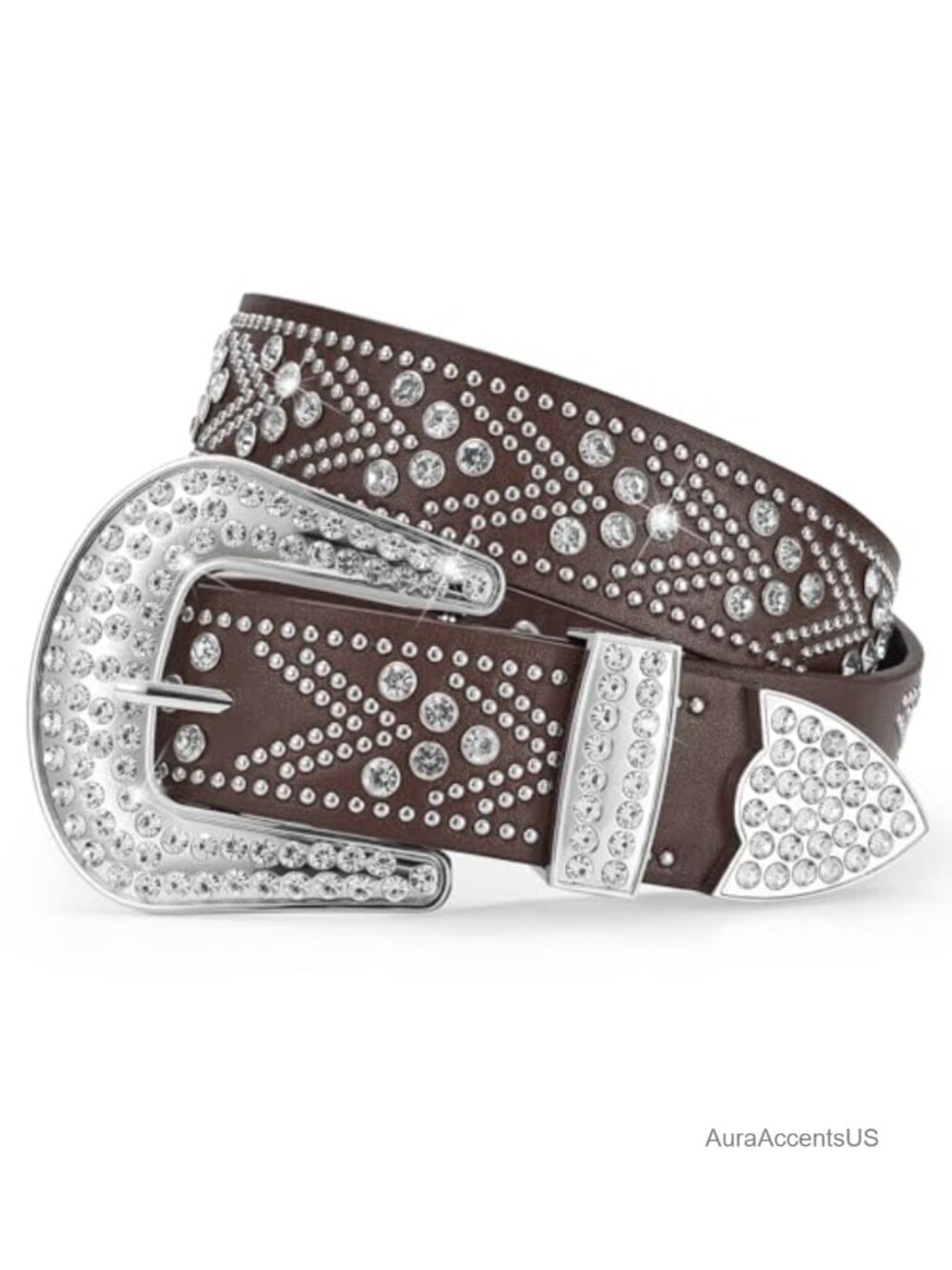 Rhinestone Studded Faux Leather Western Belt Detachable Buckle Unisex Plus Size